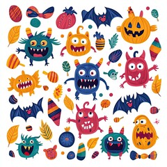 Obraz premium Colorful collection of cute monsters and Halloween elements perfect for festive designs or children's projects.