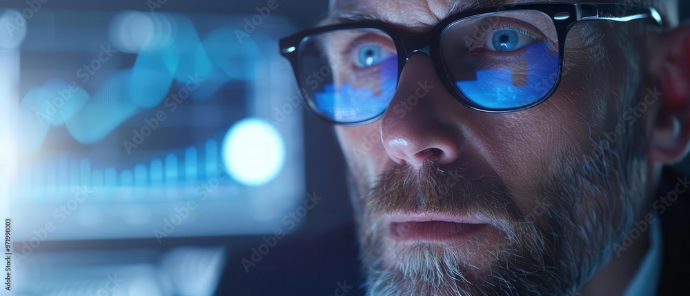 Aufkleber focused man with glasses analyzing data on computer screen, reflecting modern technology and busines