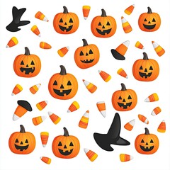 Fototapeta premium Colorful Halloween pattern featuring pumpkins, candies, and witch hats, perfect for festive decorations and party invitations.