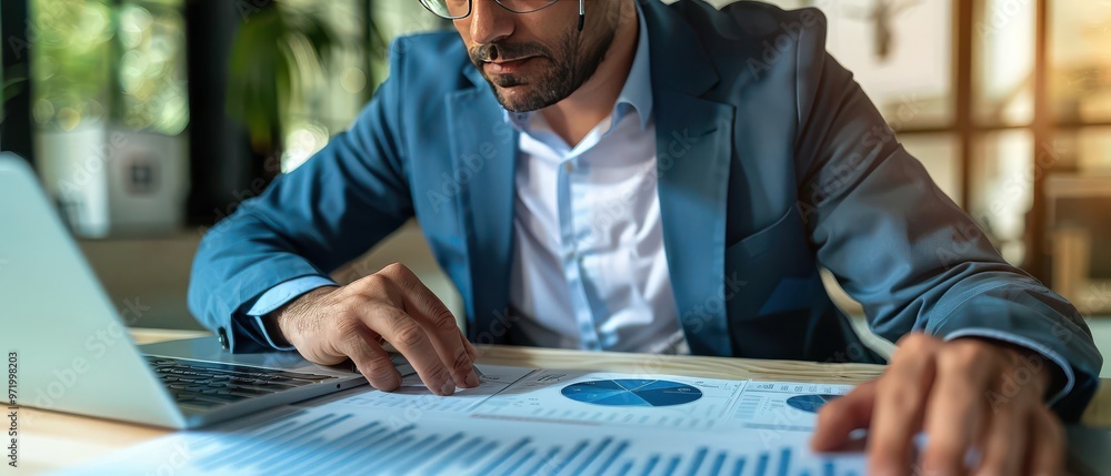 Poster businessman analyzing financial charts and data reports on a desk using a laptop. he is wearing a su