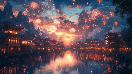 Fototapeta premium Traditional Lantern Festival with Fireworks Over Water Generative AI