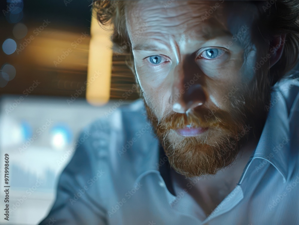 Poster close-up of a focused man with a beard working on a computer in a dimly lit office, concentrating on