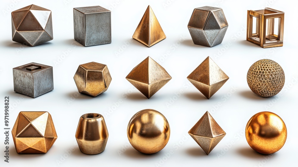 Poster different geometric golden shapes collection modern minimal metal objects icons set isolate on white