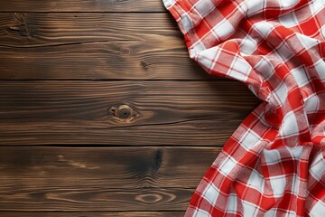 Red and white checkered tablecloth on a dark wood table background copy space