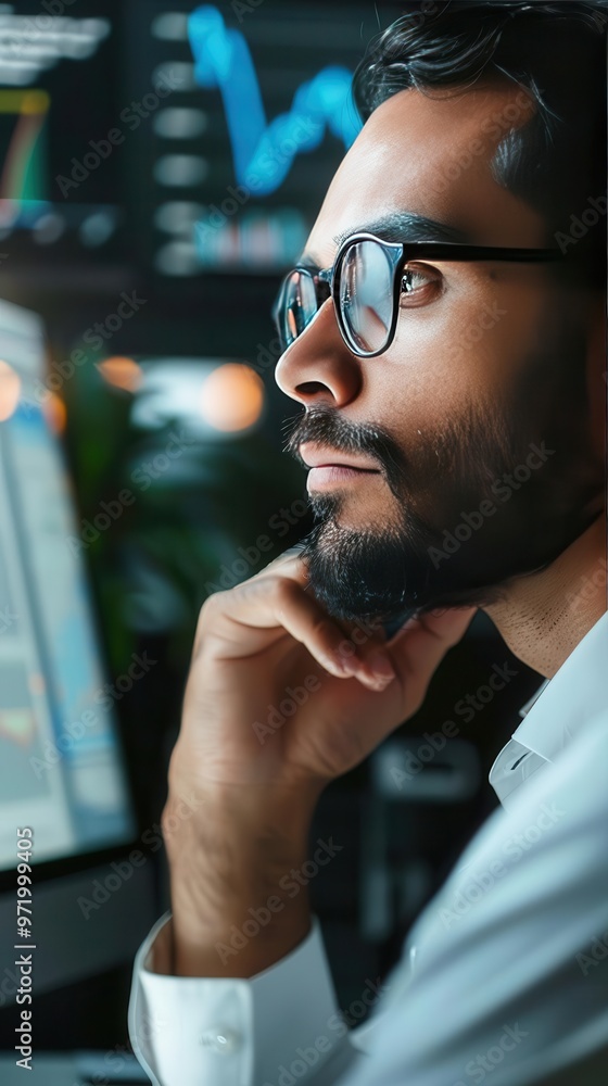 Poster focused professional analyzing data on computer screen, reflecting on business trends and financial 