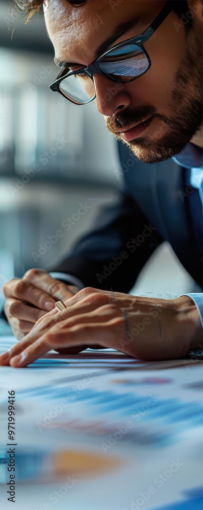 Poster focused businessman analyzing financial data on a desk with charts and graphs, representing work ana