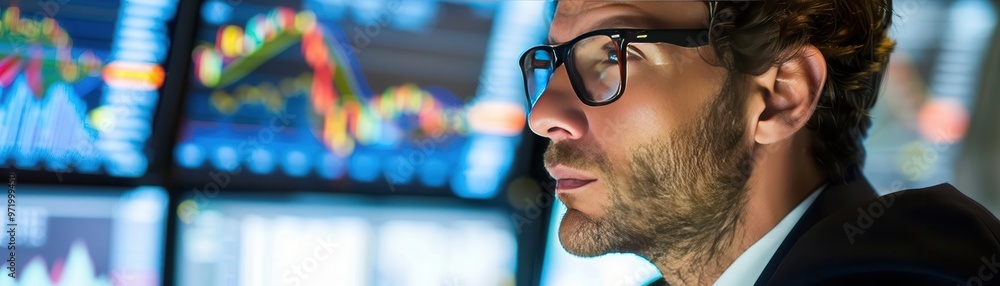 Poster focused trader analyzing stock market data on multiple screens in modern financial office.