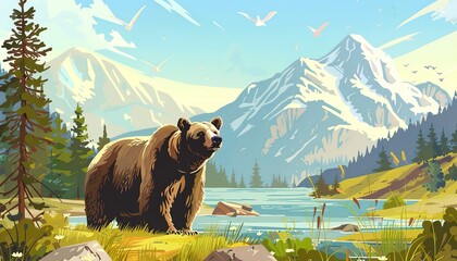 Grizzly bear in a beautiful forest against the backdrop of high mountains illustration