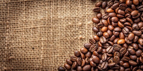Close-up shot of fresh coffee beans on a burlap sack , coffee, beans, aroma, beverage, caffeine, roasted, organic, drink, morning