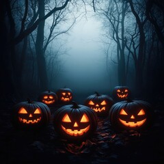 Spooky Halloween pumpkins glowing in a misty forest, creating a haunting ambiance perfect for fall celebrations.
