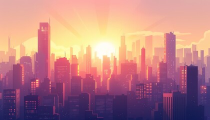Fototapeta premium Sunset or sunrise over a modern city illustration