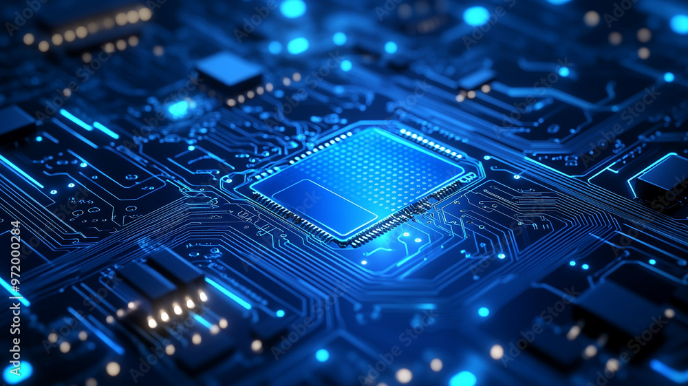 Poster futuristic circuit board with a glowing microchip and detailed electronic pathways