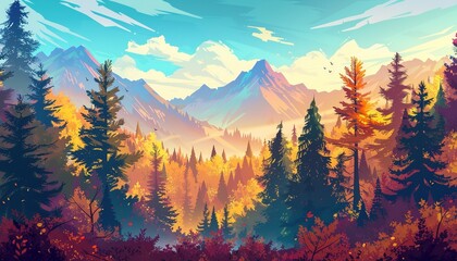 Autumn landscape of forest and mountains illustration