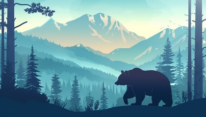 Bear in a beautiful forest against the background of mountains, carton style