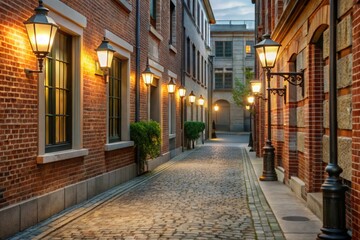 Obraz premium A quiet alleyway illuminated by vintage streetlights in an old district at dusk.