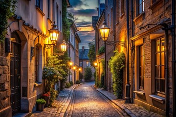 Fototapeta premium A quiet alleyway illuminated by vintage streetlights in an old district at dusk.