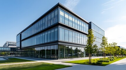 Modern Glass Office Building with Landscaping and Walkway