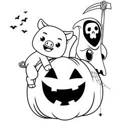 Halloween coloring page with pig for kids