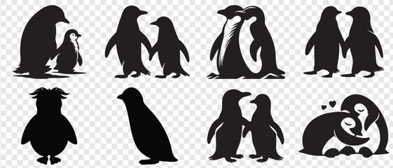A group of penguins silhouette vector set. silhouette penguin different pose walking and skating,
