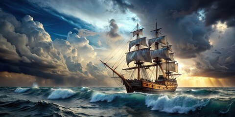 Historical pirate ship with full sails navigating through a storm, pirate, ship, sailing, historical, vintage, storm, adventure, sea