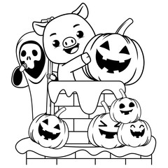 Halloween coloring page with pig for kids