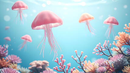 Pastel Jellyfish and Coral Reef Scene