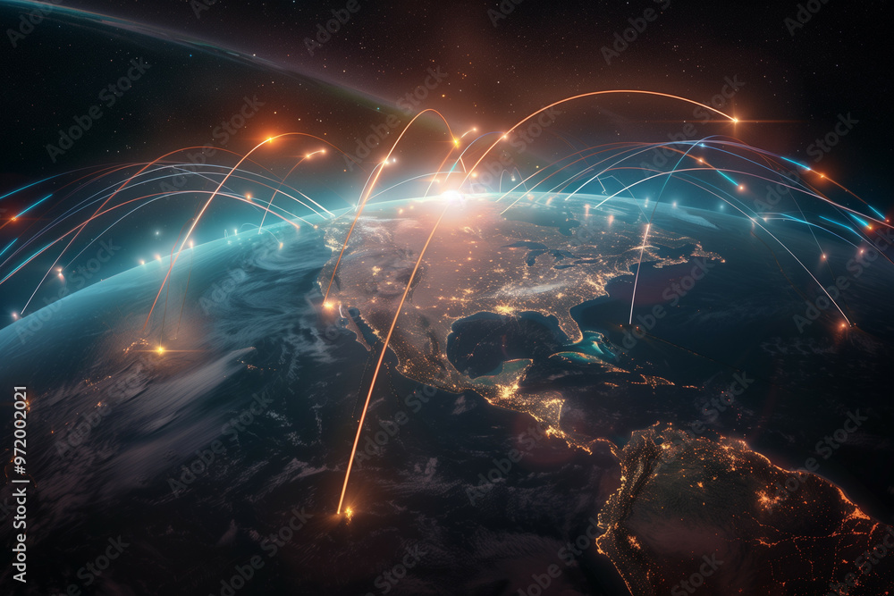 Poster a vibrant depiction of the earth from space highlighting global connectivity with illuminated networ