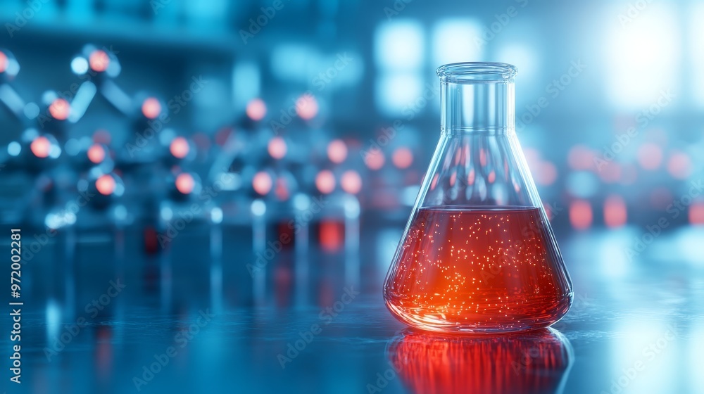Poster red liquid in erlenmeyer flask on blue table in lab
