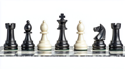 A chessboard with pieces in a strategic formation, symbolizing business planning, isolated on a white background
