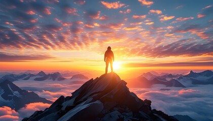 Triumphant Silhouette Against Sunrise Over Mountain Peak, Inspiring Adventure with Vast Mountain Range and Sea of Clouds as a Backdrop