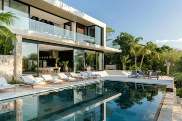 Fototapeta premium A luxurious modern villa featuring sleek architectural design, infinity pool, tropical landscaping, and a spacious outdoor living area