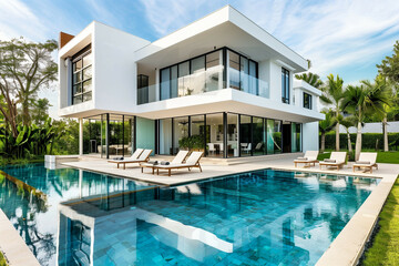 Fototapeta premium A luxurious modern villa featuring sleek architecture and an inviting pool, surrounded by lush greenery under a clear blue sky