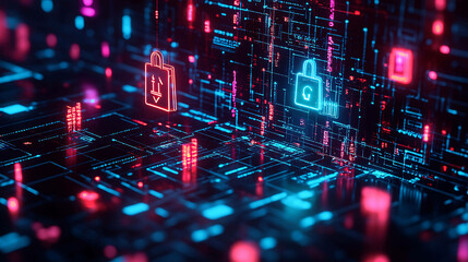 Fototapeta premium Abstract digital background with shopping cart and padlock icons.
