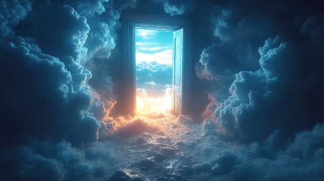 looping animation flight through opening blue doors in the sky way to eternity religious afterlife concept endless dream journey