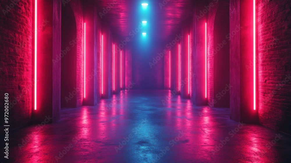 Poster looping animation of an abstract backgroun with neon light rays spinning aroun on the empty stage br