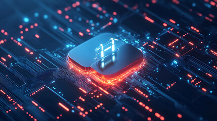 A futuristic tech symbol on a glowing circuit board.