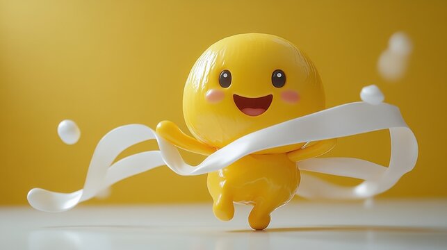 looping animation of cartoon character dancer yellow inflatable toy skydancer is swaying with white ribbons
