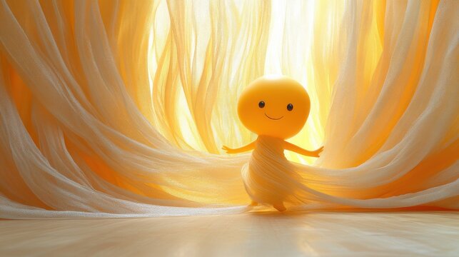 looping animation of cartoon character dancer yellow inflatable toy skydancer is swaying with white ribbons