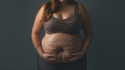 Obese woman, showing biceral fat, concept of excess sugar and saturated fat, generative ai