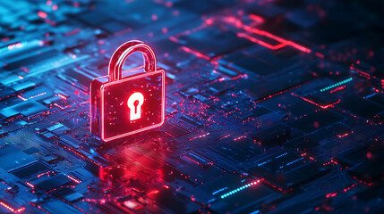 A glowing red padlock sits on a blue circuit board.