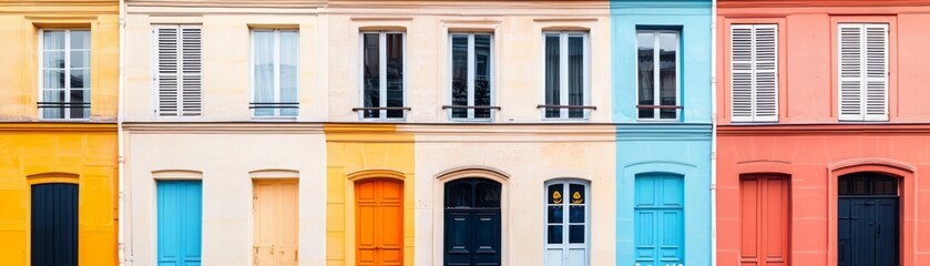 Vibrant row of colorful buildings featuring various shades and unique doors, showcasing urban architecture and design.