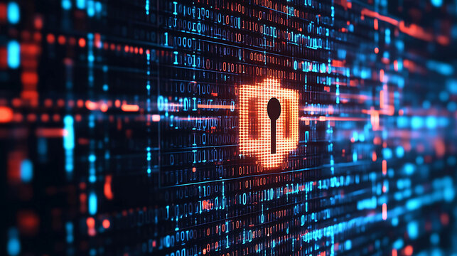A glowing orange padlock with a keyhole in a sea of binary code.
