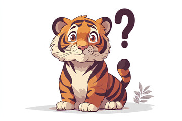 A cute cartoon tiger cub with a curious expression and a question mark above its head.