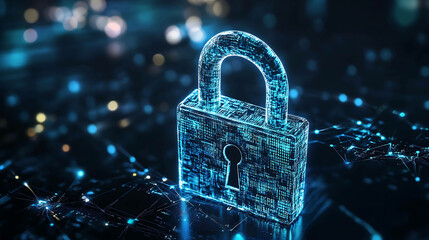A digital rendering of a padlock made of glowing blue lines,  representing digital security.