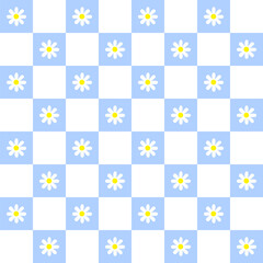 Flowers blue and white chess grid seamless pattern. White Daisy Flower. modern elements. flowers background design. Illustration 10 eps.