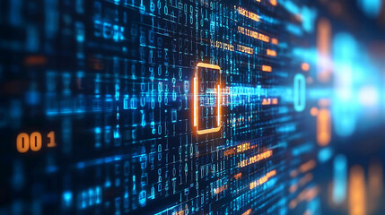 Abstract digital background with glowing blue and orange binary code.