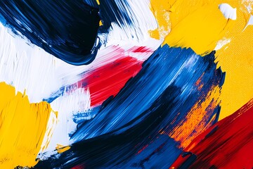 Abstract Painting Swirls: A vibrant canvas showcasing bold strokes of blue, yellow, red, and white, creating a dynamic and energetic abstract art composition. This photo is perfect for modern design p