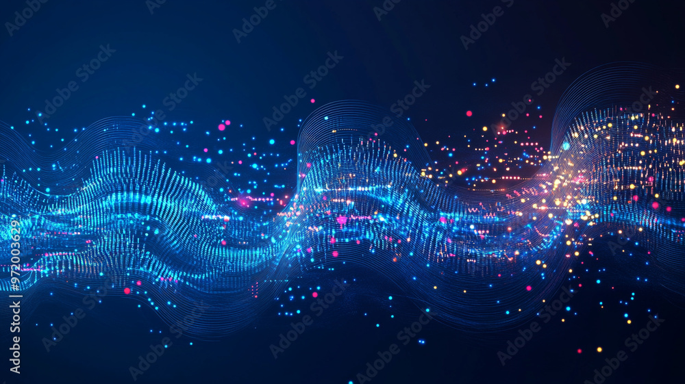Poster abstract illustration of colorful data visualization with bright dots and waves in a dark backdrop