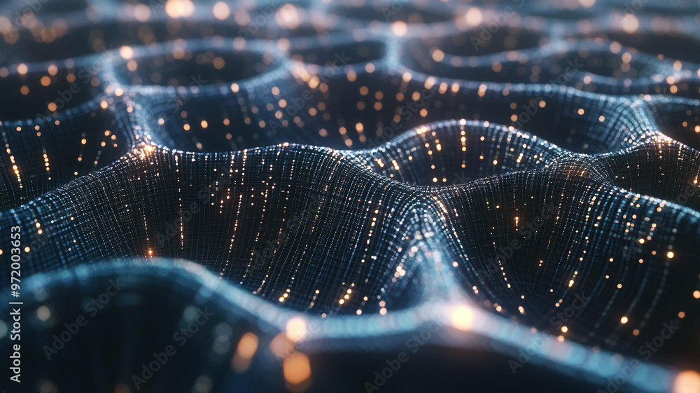 Poster abstract digital landscape featuring wave patterns and luminous particles in a dark setting