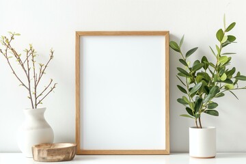 Poster photo frame mockup with a green plant and wooden frames on white background